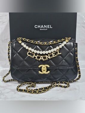 CHANEL VIP Black Quilted Shoulder Bag with Gold Chain and Pearl Charm
